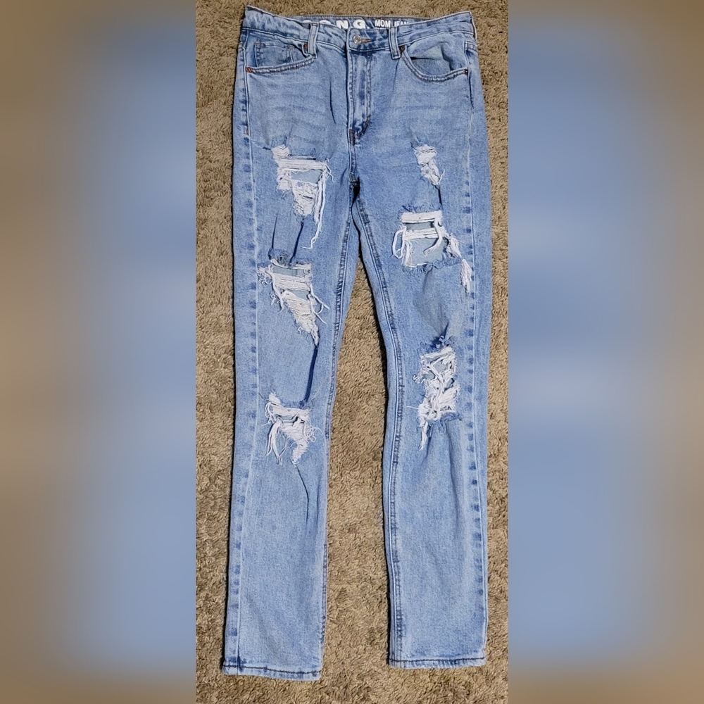 Distressed Light Blue High Rise Mom Jeans